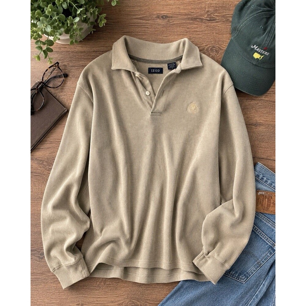 IZOD Men’s XL Beige Knit Long Sleeve Polo Shirt Cotton Blend Golf Preppy Casual